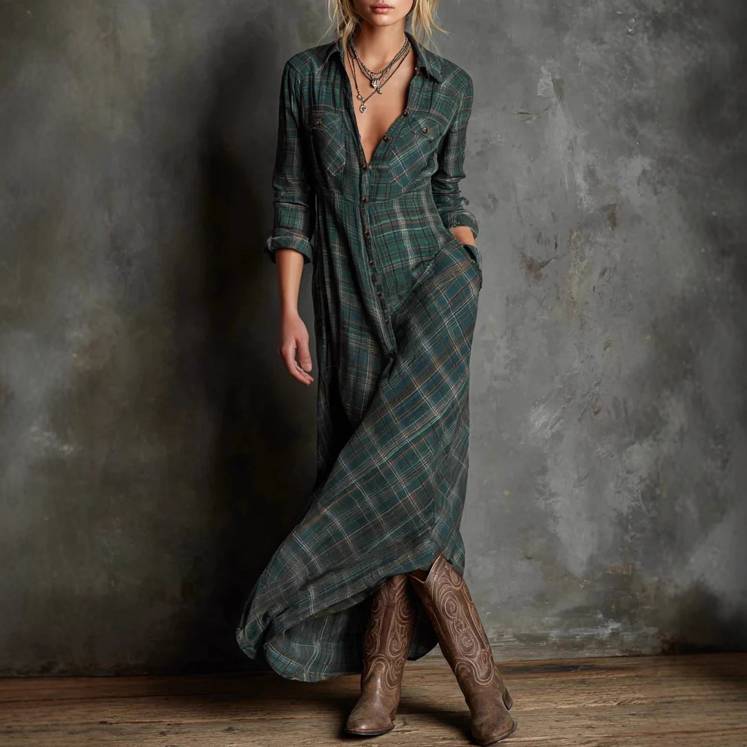 Elegant Dark Green Plaid Long Sleeve Shirt Dress - Casual Temperament Midi