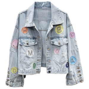 Women's Oversized Letter Patch Denim Jacket - Vintage Streetwear Outerwear
