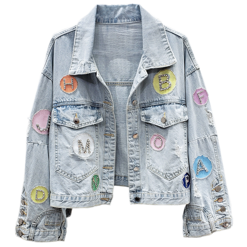 Women's Oversized Letter Patch Denim Jacket - Vintage Streetwear Outerwear