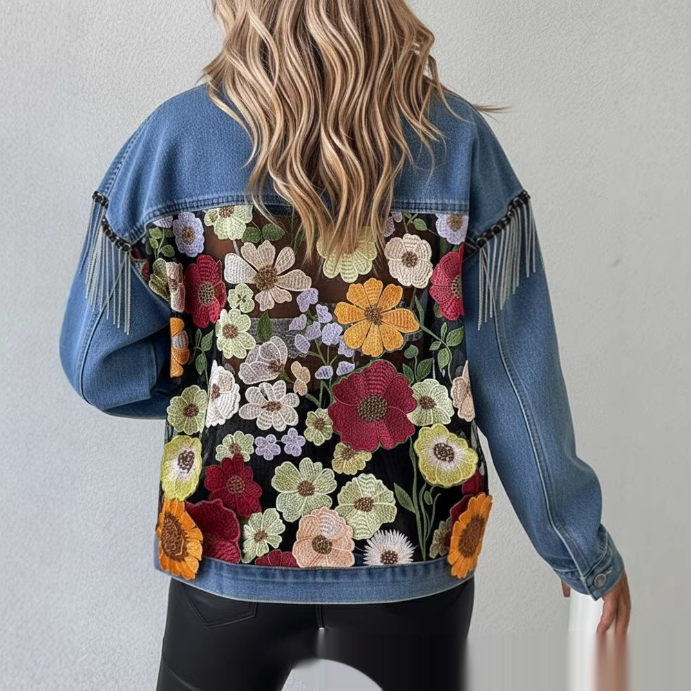 Women's Floral Embroidered Denim Jacket - Vintage Style Casual Jean Coat - Image 6