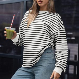 Women's Oversized Striped Pullover Hoodie - Casual Loose Streetwear Cotton Sweatshirt