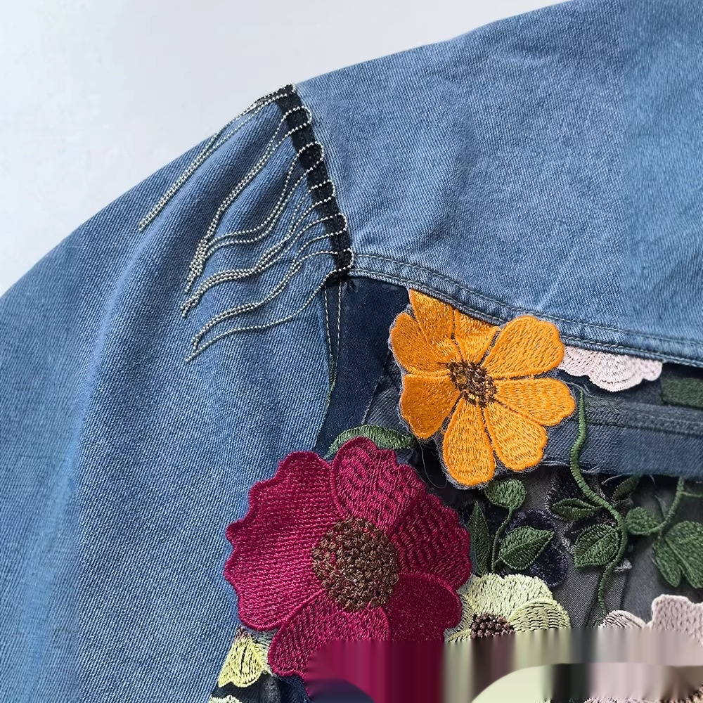 Women's Floral Embroidered Denim Jacket - Vintage Style Casual Jean Coat - Image 3