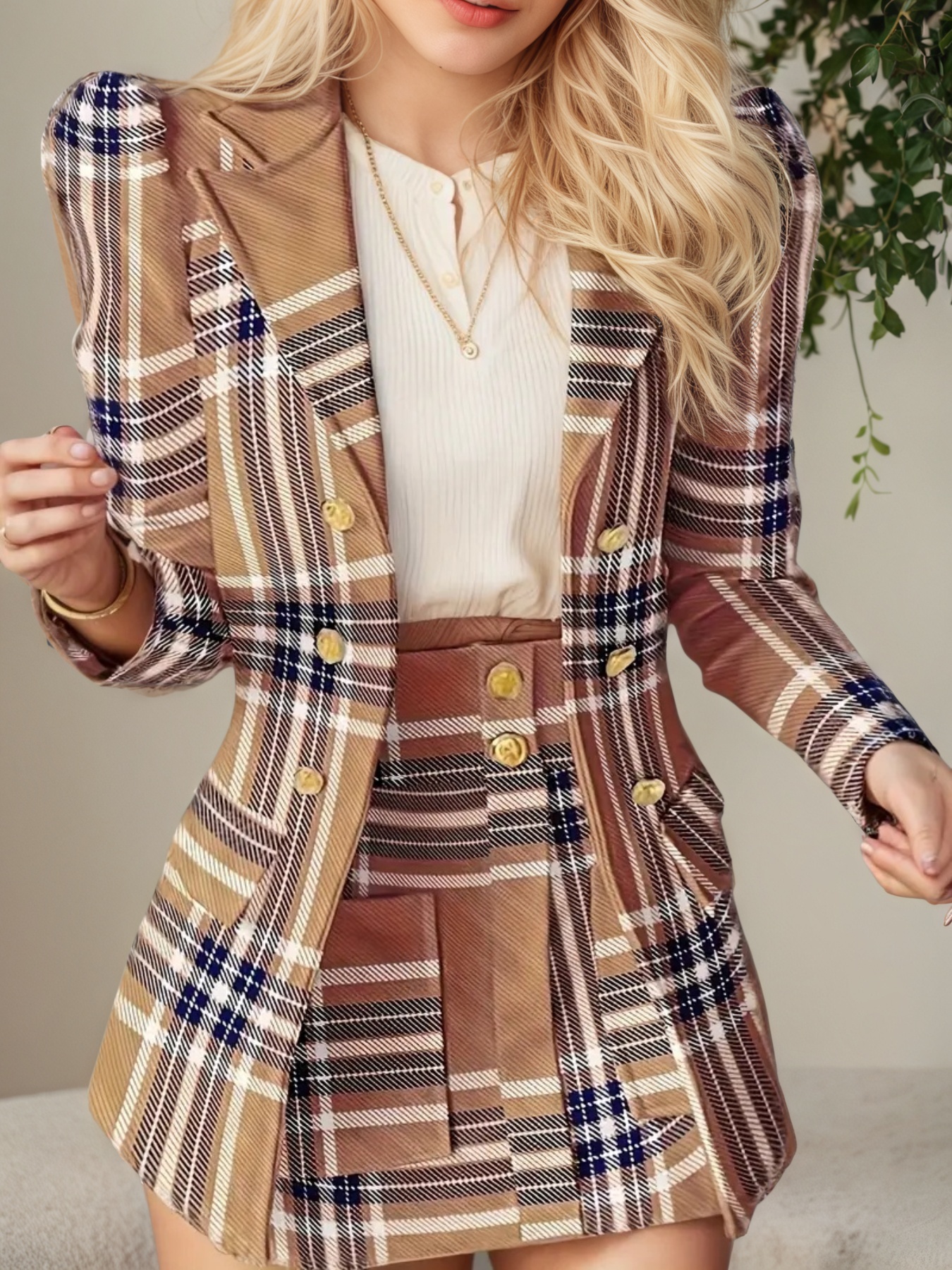 Elegant Women's Plaid Blazer & Skirt Set - Double-Breasted Two-Piece Business Casual Outfit - Image 3