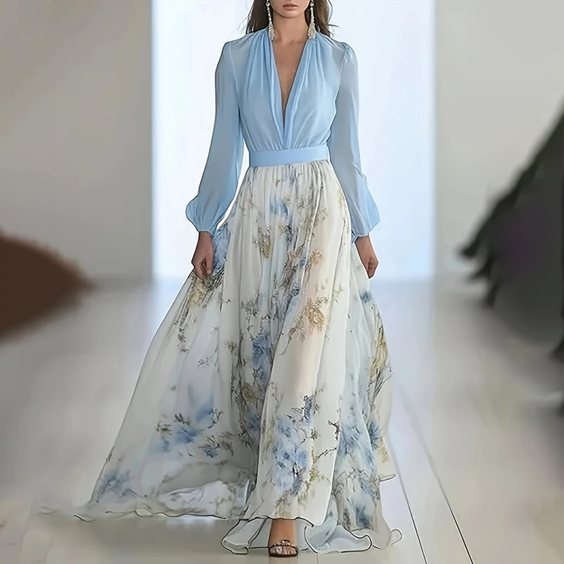 Boho Floral Deep V-Neck Maxi Dress - Elegant Summer Beach Wedding Guest Dress