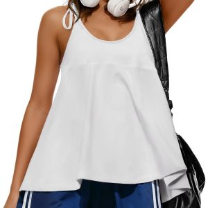 Fisoew Women's Racerback Athletic Tank Top - Adjustable Spaghetti Strap Workout Shirt with Back Pocket