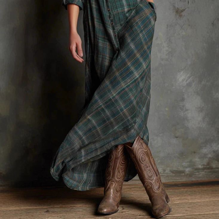 Elegant Dark Green Plaid Long Sleeve Shirt Dress - Casual Temperament Midi - Image 6