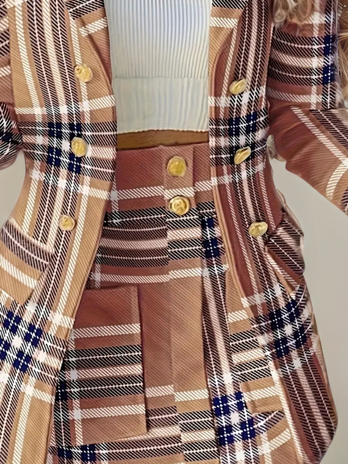 Elegant Women's Plaid Blazer & Skirt Set - Double-Breasted Two-Piece Business Casual Outfit - Image 2