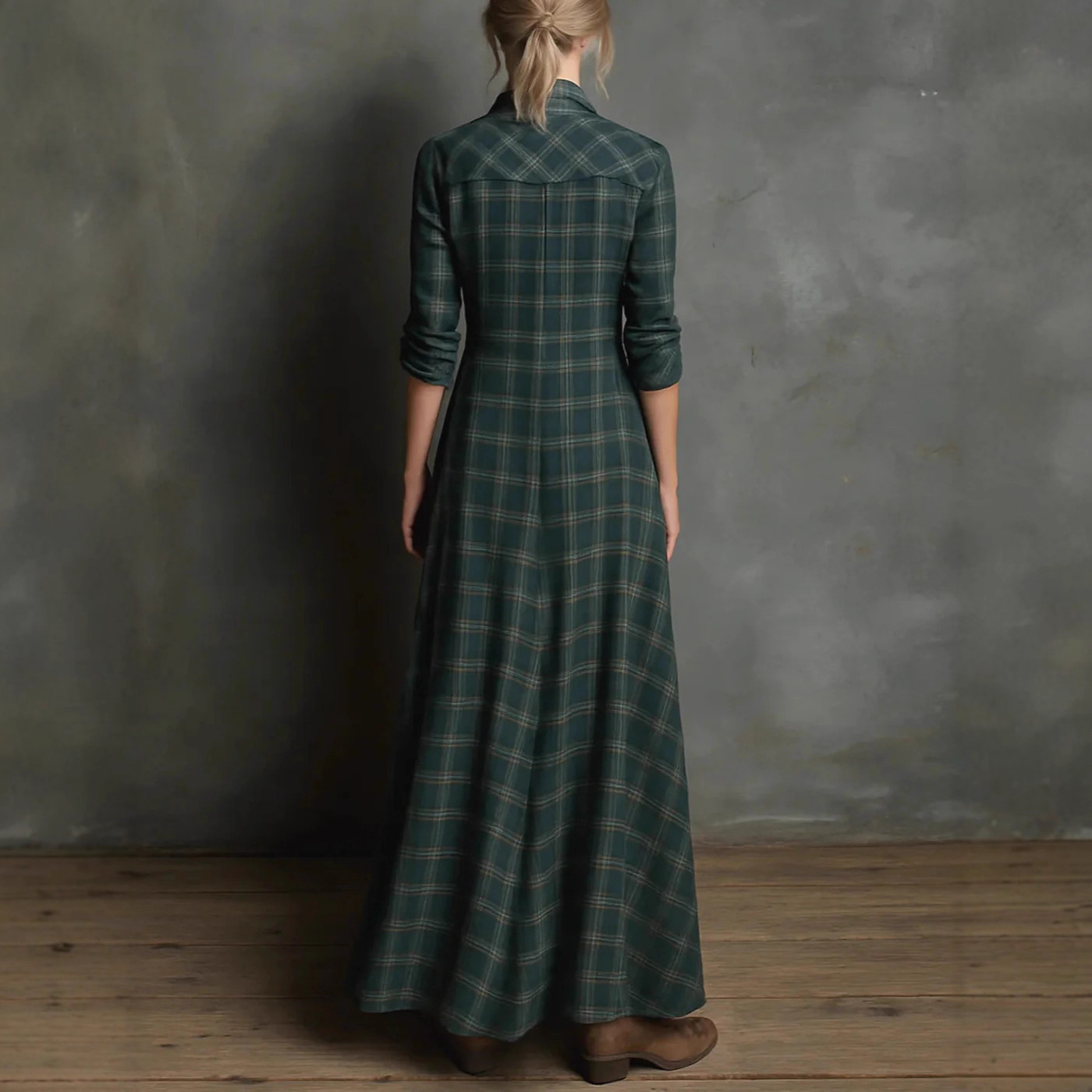 Elegant Dark Green Plaid Long Sleeve Shirt Dress - Casual Temperament Midi - Image 7