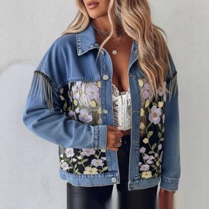 Women's Floral Embroidered Denim Jacket - Vintage Style Casual Jean Coat