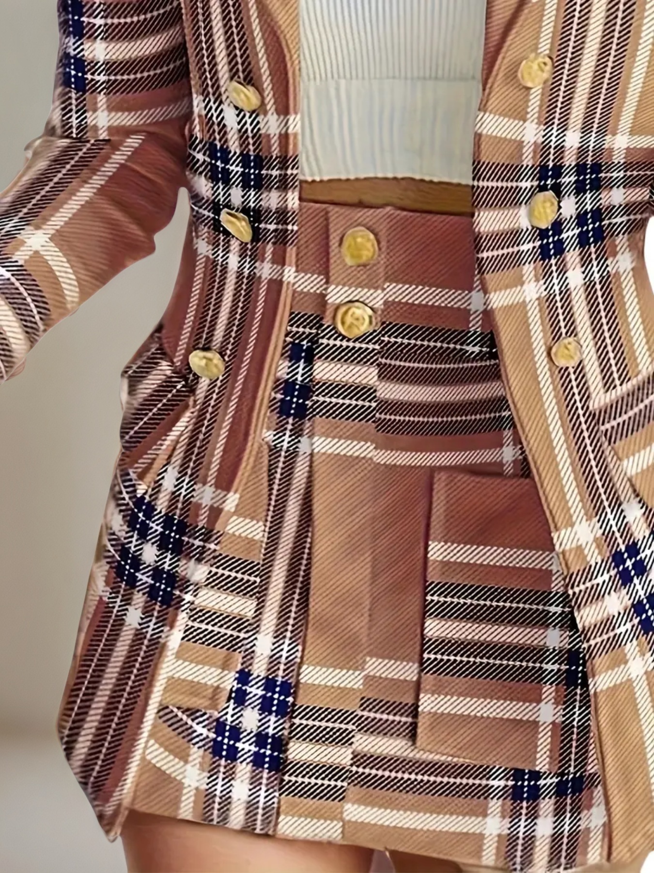 Elegant Women's Plaid Blazer & Skirt Set - Double-Breasted Two-Piece Business Casual Outfit - Image 5