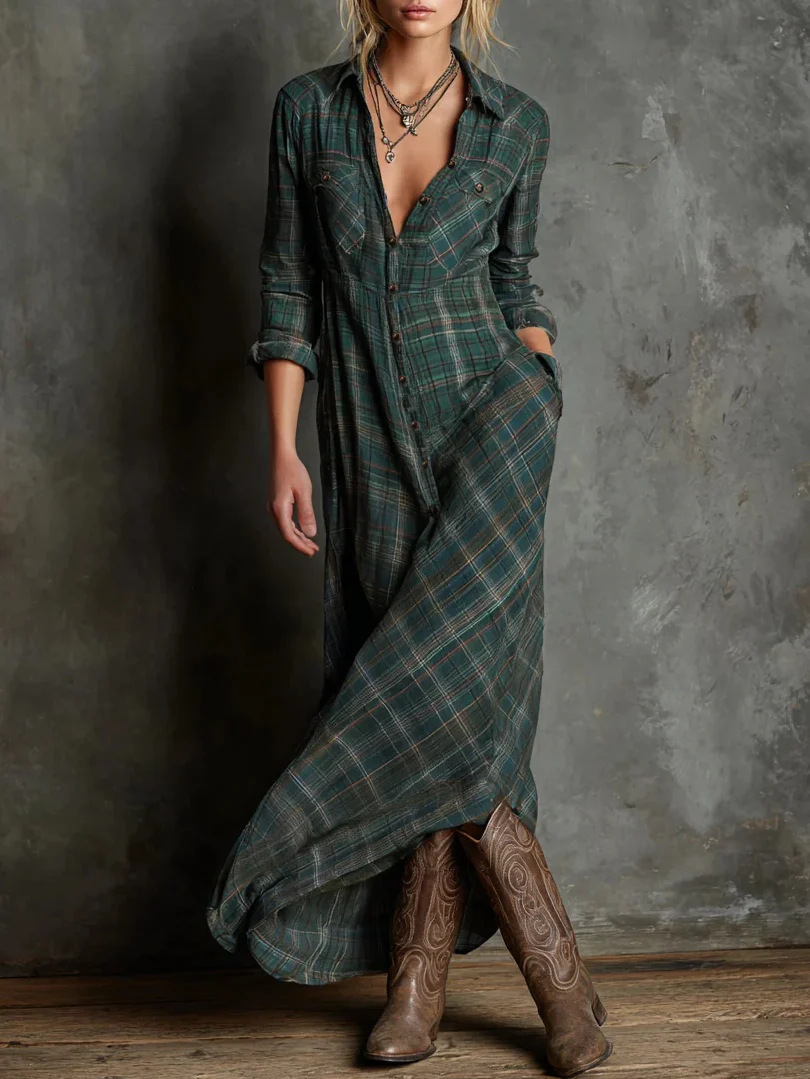 Elegant Dark Green Plaid Long Sleeve Shirt Dress - Casual Temperament Midi - Image 5
