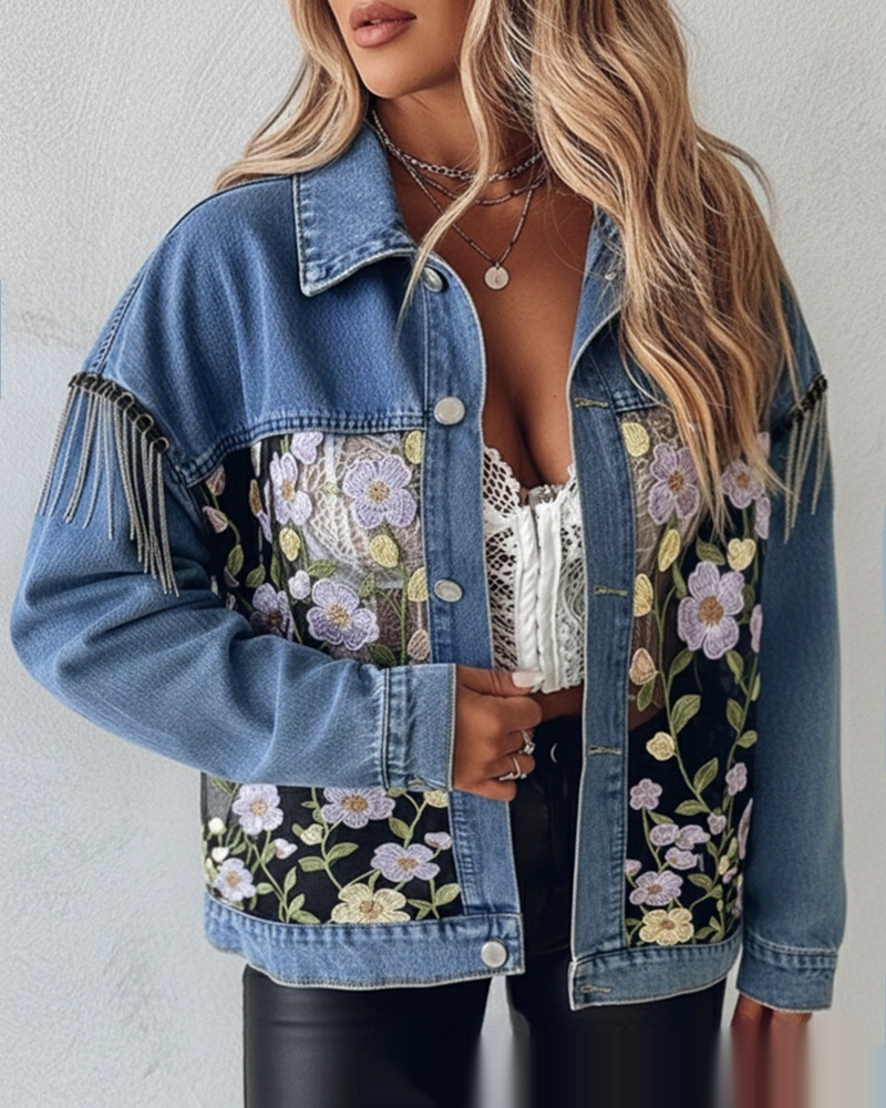 Women's Floral Embroidered Denim Jacket - Vintage Style Casual Jean Coat - Image 4
