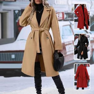 Women's Classic Double-Breasted Belted Trench Coat - Elegant Slim Fit Windbreaker