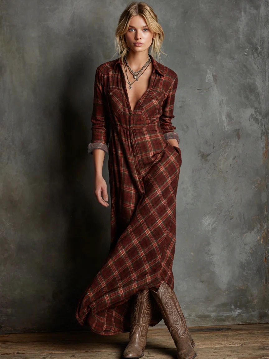 Elegant Dark Green Plaid Long Sleeve Shirt Dress - Casual Temperament Midi - Image 3