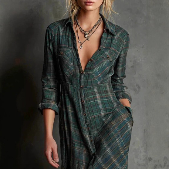 Elegant Dark Green Plaid Long Sleeve Shirt Dress - Casual Temperament Midi - Image 2