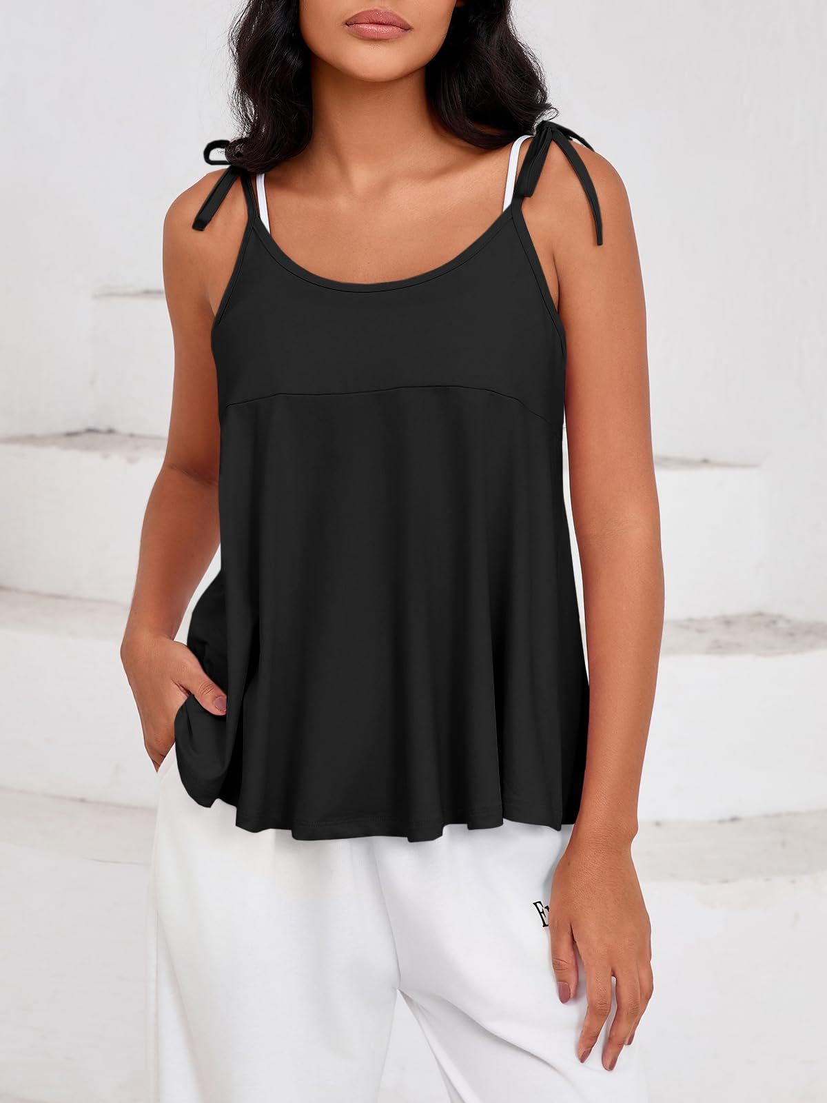 Fisoew Women's Racerback Athletic Tank Top - Adjustable Spaghetti Strap Workout Shirt with Back Pocket - Image 4