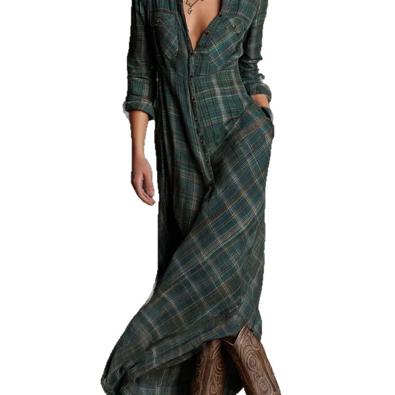 Elegant Dark Green Plaid Long Sleeve Shirt Dress - Casual Temperament Midi - Image 8